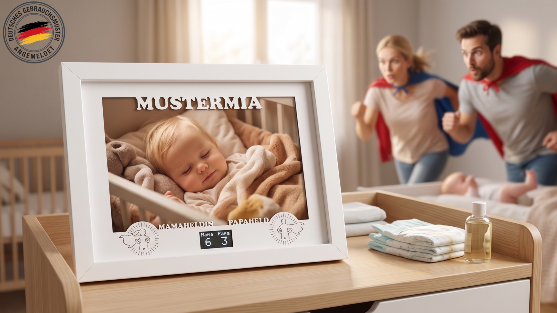 Eltern am Wickeltisch mit dem WINDELHERO – humorvolles Geschenk zur Geburt